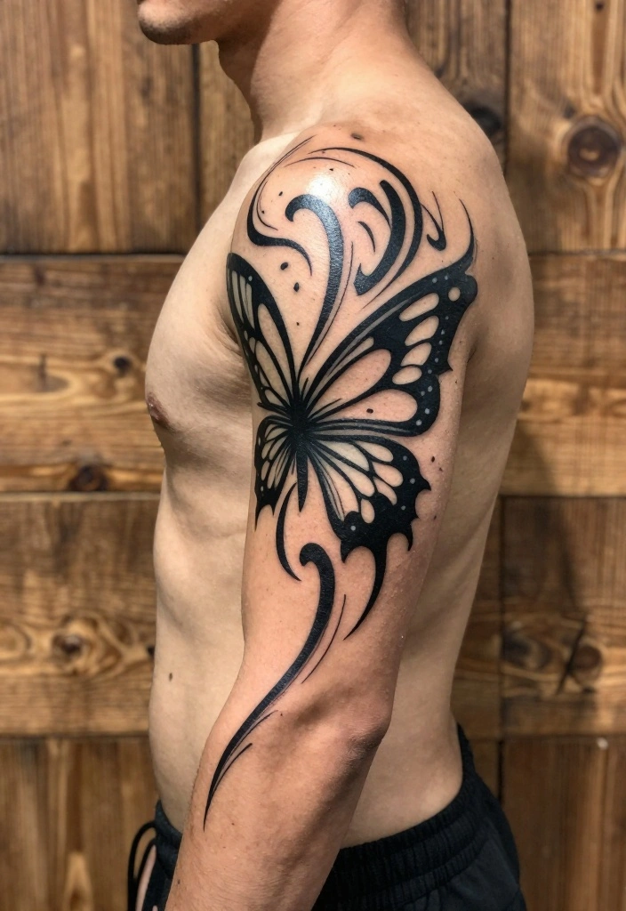 14 Butterfly Tattoo Design Ideas for Men: Bold and Symbolic 1 14 Butterfly Tattoo Design Ideas for Men Bold and Symbolic 1. Tribal Butterfly Embrace 0