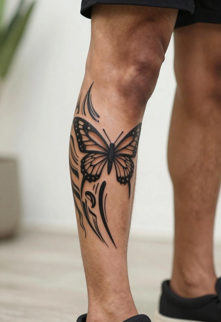 14 Butterfly Tattoo Design Ideas for Men: Bold and Symbolic 26 14 Butterfly Tattoo Design Ideas for Men Bold and Symbolic 6. Tribal Butterfly on the Leg 0