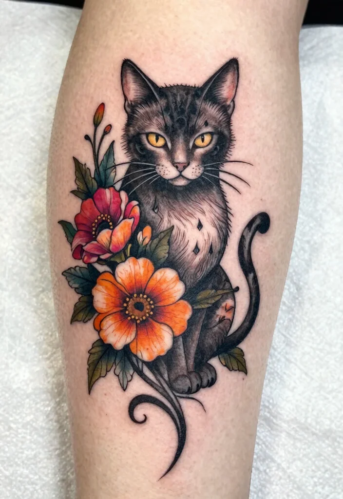14 Demon Cat Tattoo Ideas Dark and Mythical 13. Floral Demon Cat 0