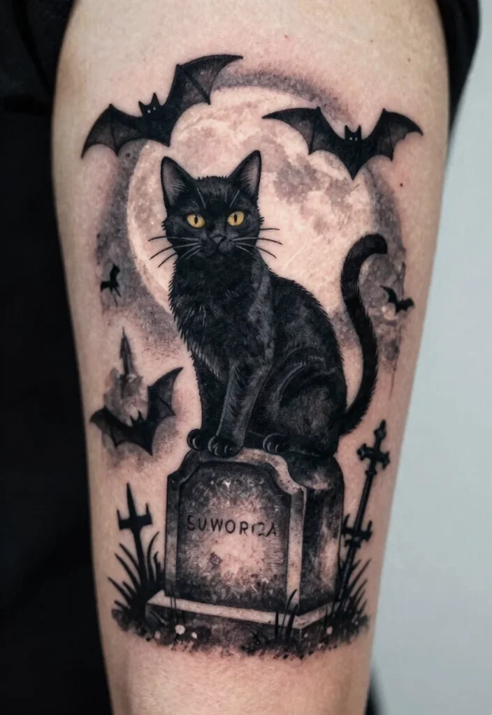 14 Demon Cat Tattoo Ideas Dark and Mythical 8. Cat with Spooky Background 0