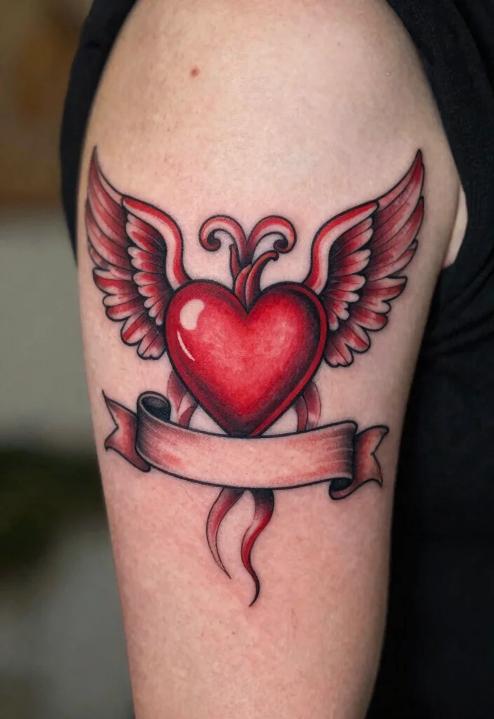14 Heart With Angel Wings Tattoo Ideas Symbolic and Timeless 11. Heart with Angel Wings on a Banner 0