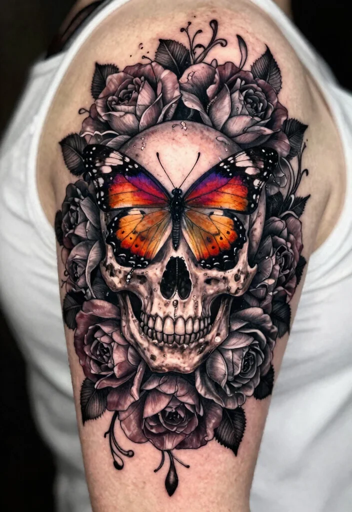 14 Skull Butterfly Tattoo Design Ideas Dark and Feminine 1. Gothic Floral Skull Butterfly 0