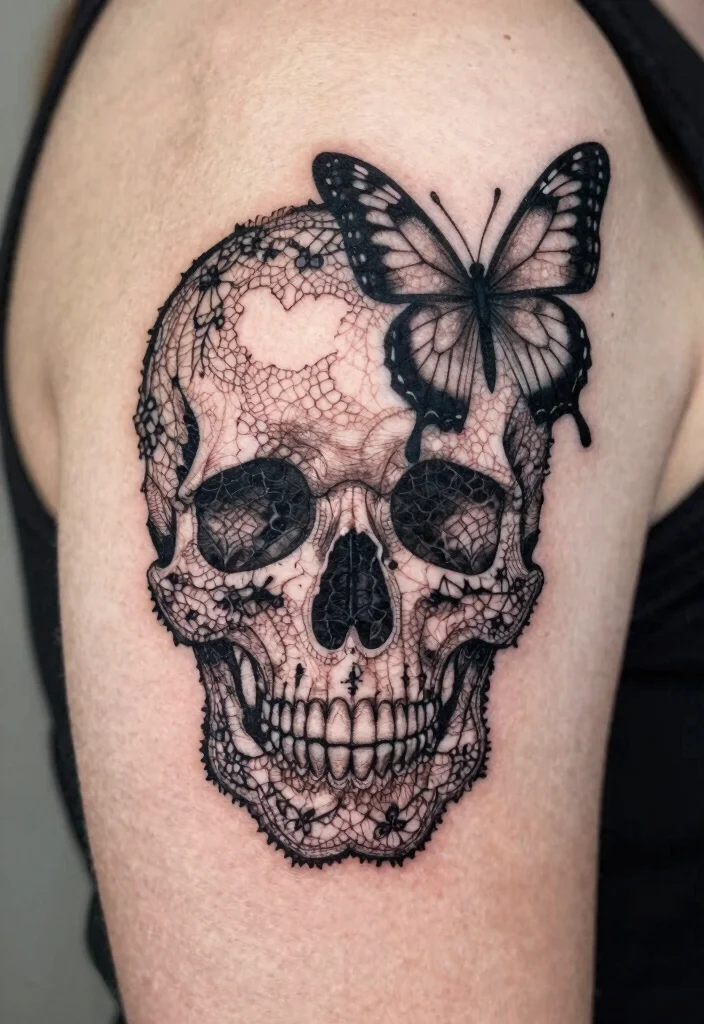 14 Skull Butterfly Tattoo Design Ideas Dark and Feminine 10. Elegant Lace Skull Butterfly 0