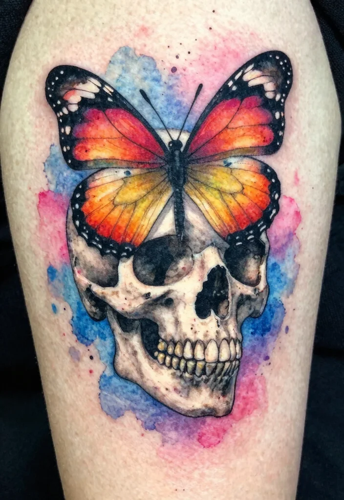 14 Skull Butterfly Tattoo Design Ideas Dark and Feminine 3. Watercolor Skull Butterfly 0