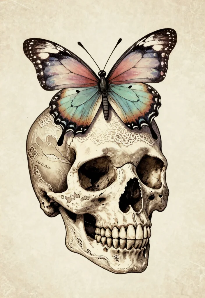 14 Skull Butterfly Tattoo Design Ideas Dark and Feminine 4. Vintage Inspired Skull Butterfly 0