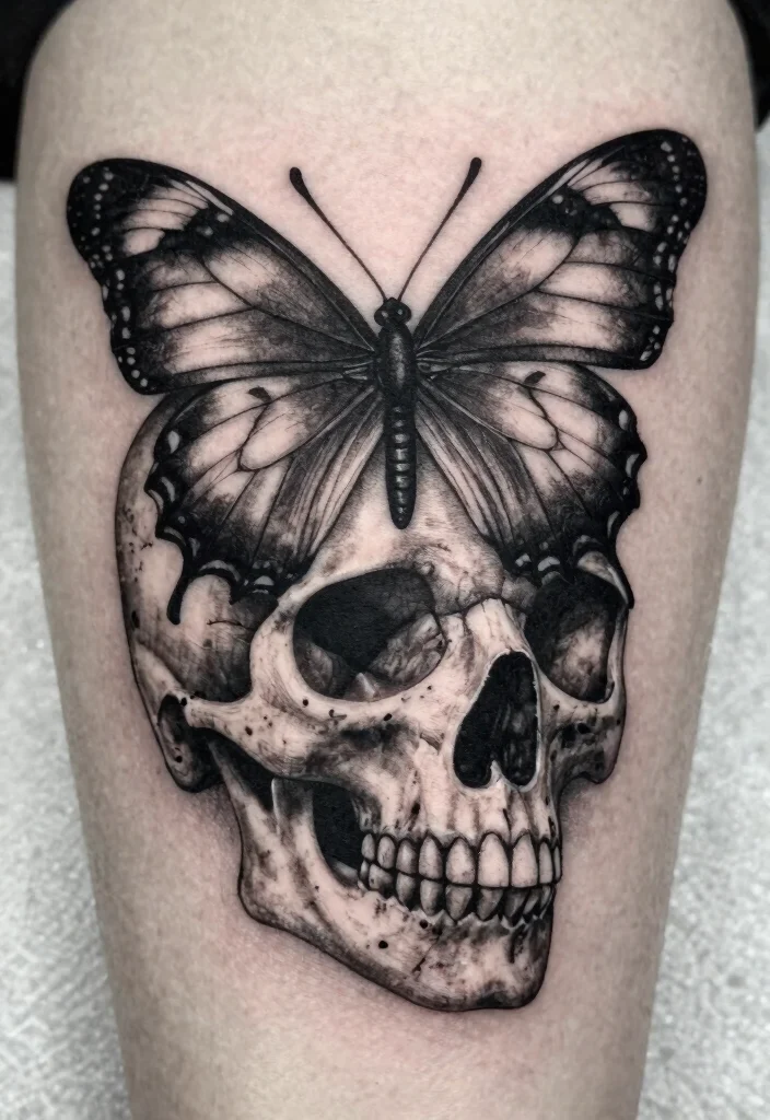 14 Skull Butterfly Tattoo Design Ideas Dark and Feminine 5. Intricate Black and Grey Skull Butterfly 0