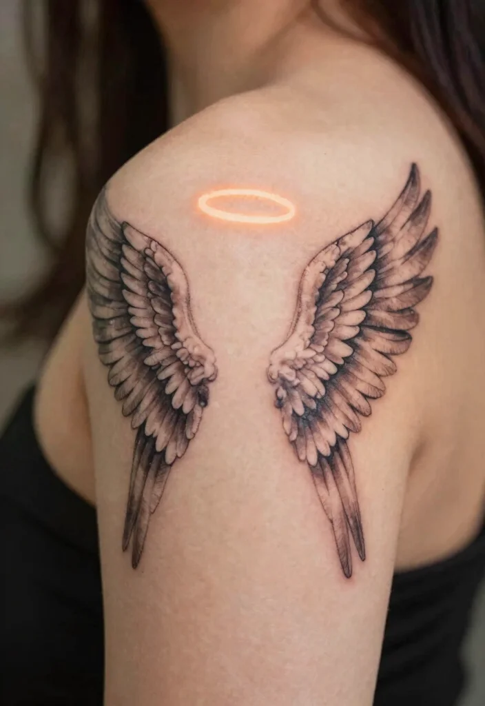 15 Angel Wings Tattoo Design Ideas Elegant and Versatile 8. Angel Wings with Halo 0