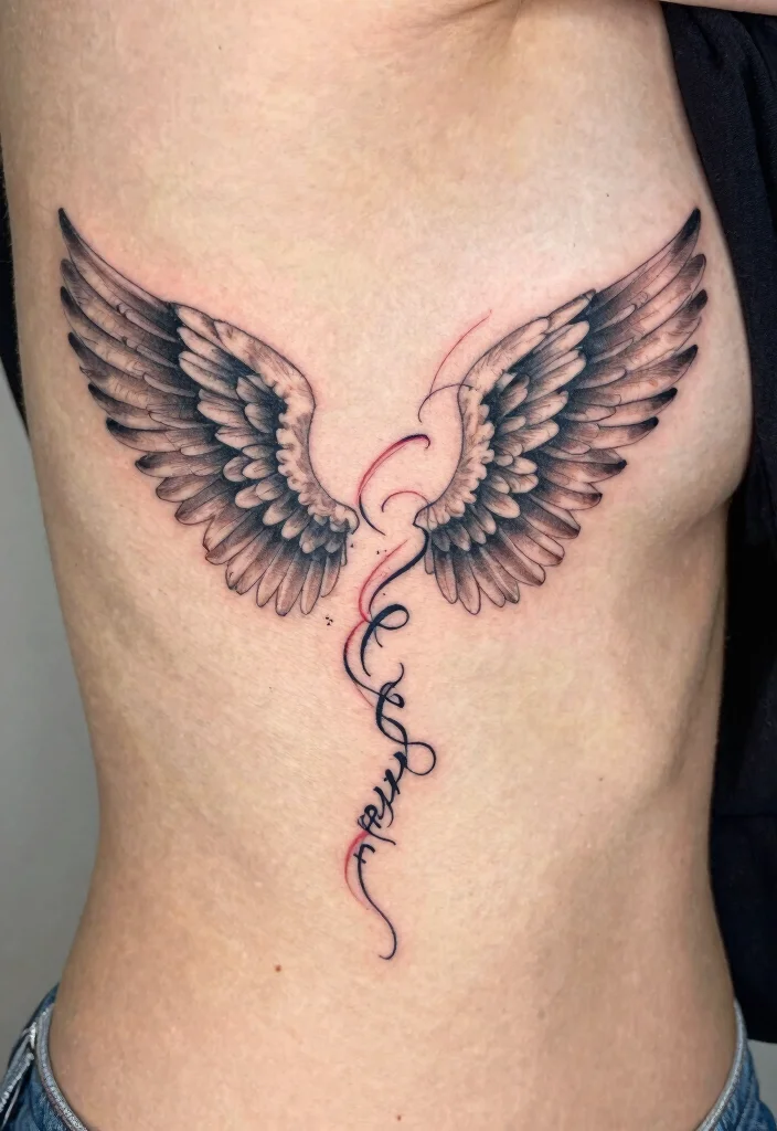 16 Angel Wings Tattoo Ideas From Minimal to Detailed 10. Script and Wing Tattoos 0