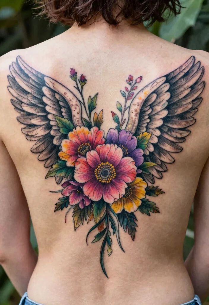 16 Angel Wings Tattoo Ideas From Minimal to Detailed 6. Floral Angel Wings 0