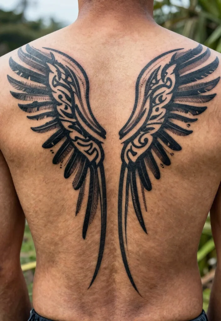 16 Angel Wings Tattoo Ideas From Minimal to Detailed 8. Tribal Angel Wings 0