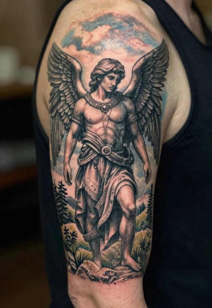 16 Archangel Michael Tattoo Ideas Powerful and Protective 10. Serene Landscape 0