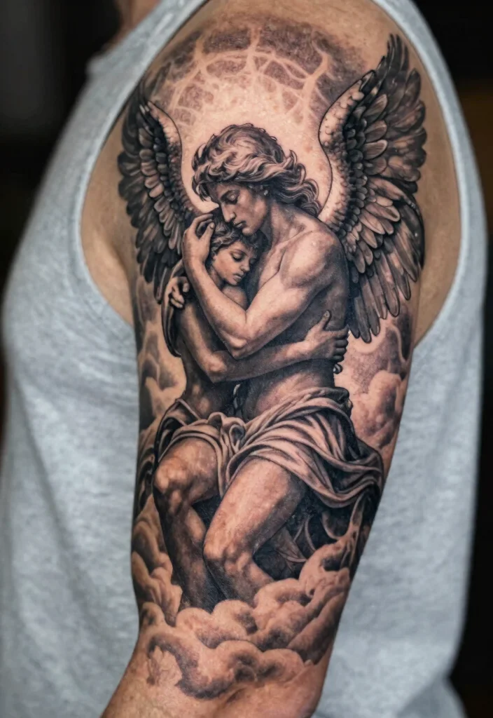 16 Archangel Michael Tattoo Ideas Powerful and Protective 4. Guardian Angel Embrace 0