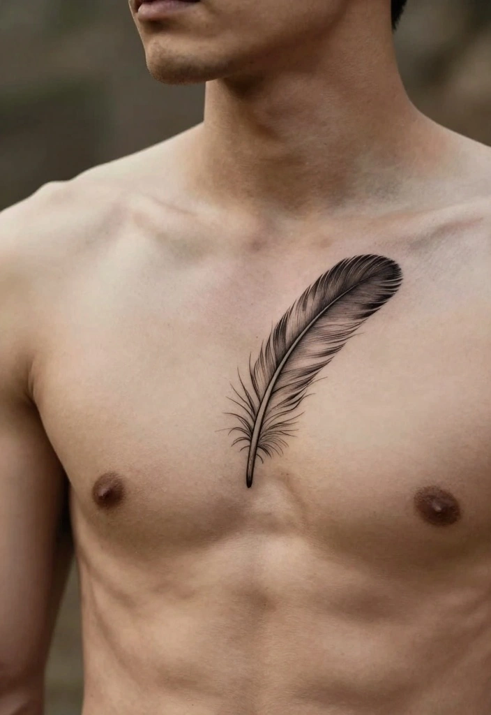 16 Chest Tattoo Ideas for Men Bold and Masculine Minimalist Designs 5. Feather Tattoo 0