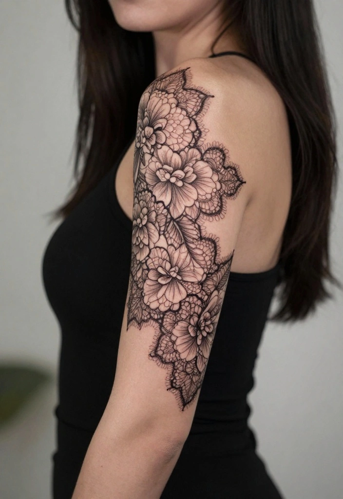 16 Dark Feminine Arm Sleeve Tattoo Ideas Mysterious and Bold 10. Lace and Filigree 0