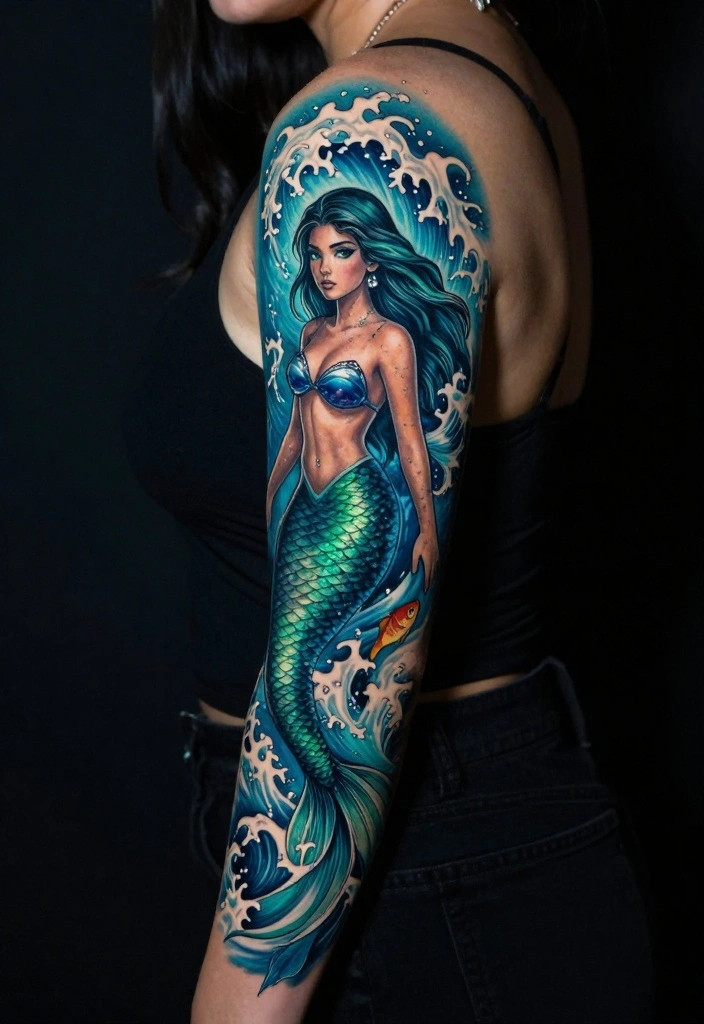 16 Dark Feminine Arm Sleeve Tattoo Ideas Mysterious and Bold 14. Sirens and Mermaids 0