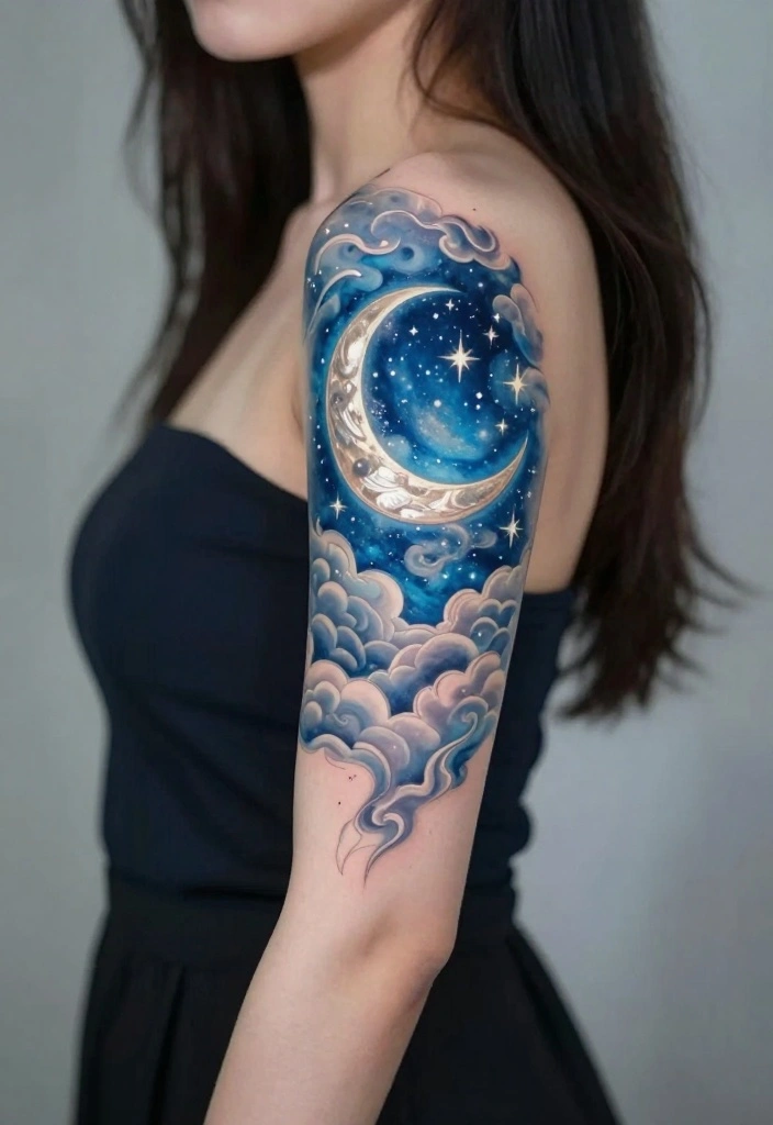16 Dark Feminine Arm Sleeve Tattoo Ideas Mysterious and Bold 2. Celestial Elements 0