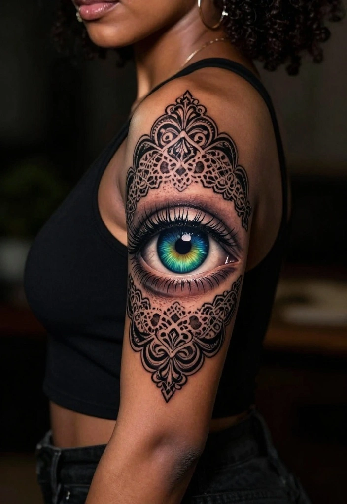 16 Dark Feminine Arm Sleeve Tattoo Ideas Mysterious and Bold 3. Enigmatic Eyes 0