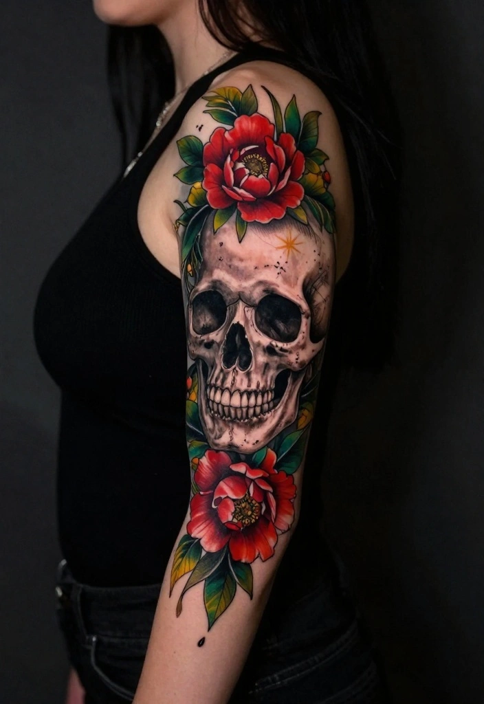 16 Dark Feminine Arm Sleeve Tattoo Ideas Mysterious and Bold 6. Timeless Skull Designs 0