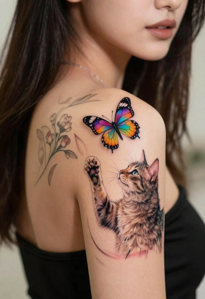 16 Female Cat Tattoo Ideas Cute Meaningful and Artistic 11. Cat and Butterfly 0