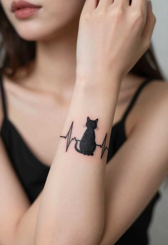 16 Female Cat Tattoo Ideas Cute Meaningful and Artistic 14. Cat with a Heartbeat Line 0