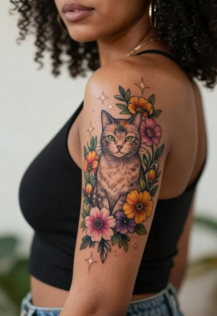 16 Female Cat Tattoo Ideas Cute Meaningful and Artistic 16. Cat with Stars and Flowers 0