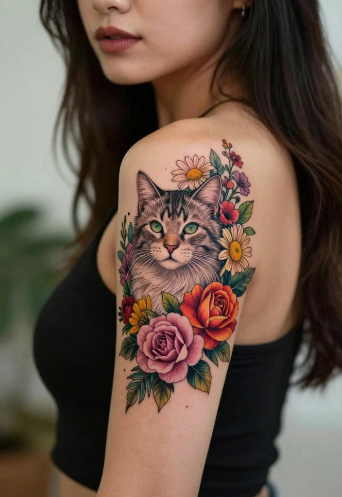 16 Female Cat Tattoo Ideas Cute Meaningful and Artistic 3. Floral Cat Tattoo 0