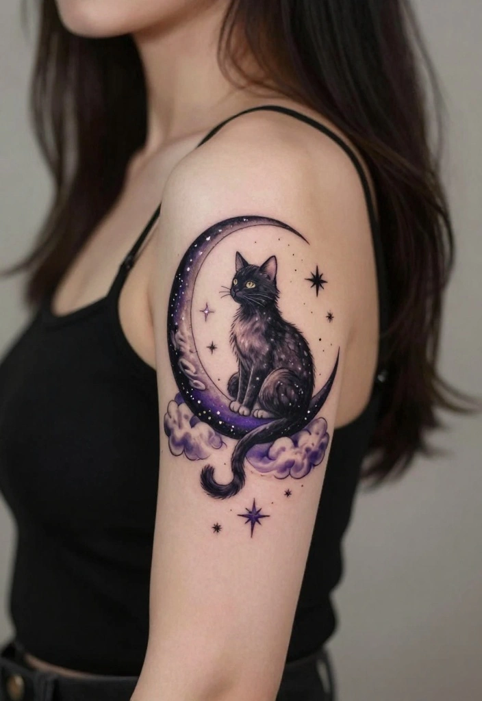 16 Female Cat Tattoo Ideas Cute Meaningful and Artistic 6. Cats and Moon 0