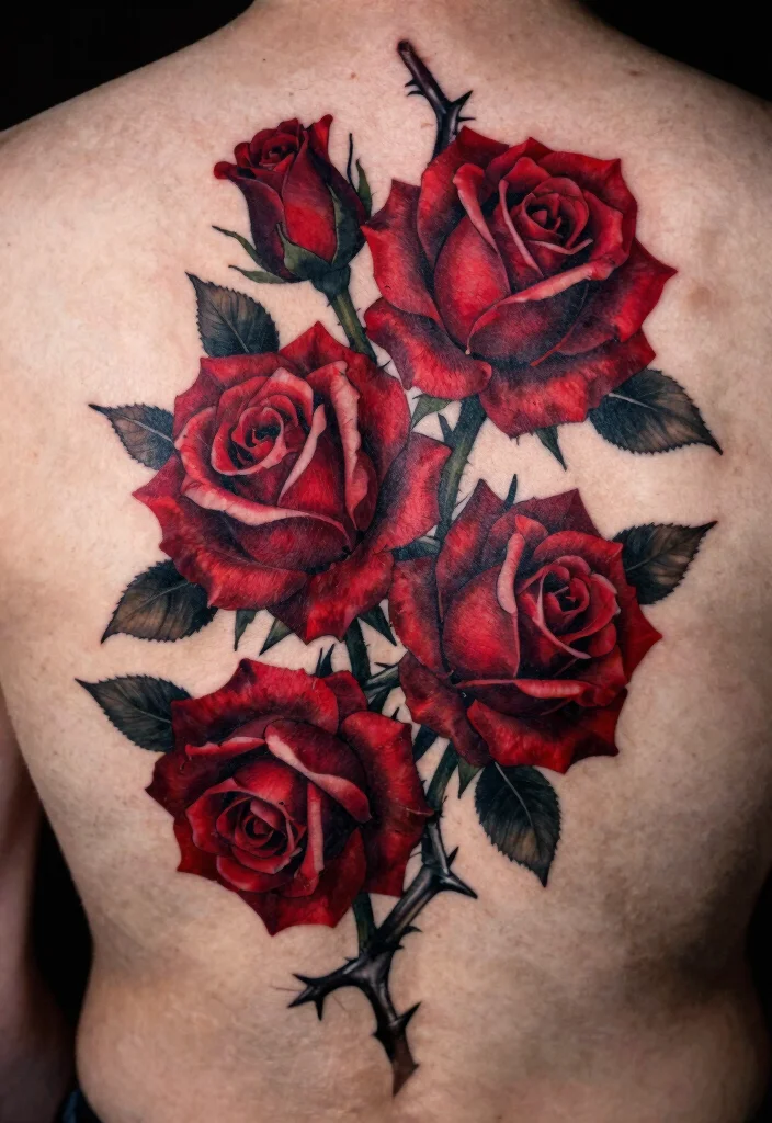 16 Red and Black Back Tattoo Ideas Dramatic and Powerful 1. Vivid Roses and Thorns 0
