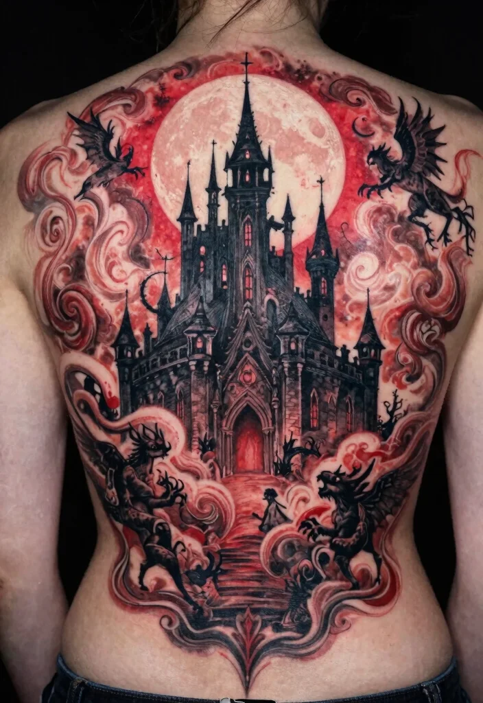 16 Red and Black Back Tattoo Ideas Dramatic and Powerful 3. Dark Fairy Tale Scene 0