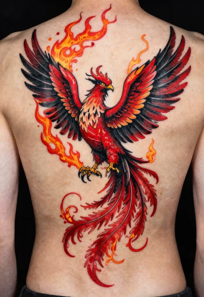 16 Red and Black Back Tattoo Ideas Dramatic and Powerful 4. Phoenix Rising 0