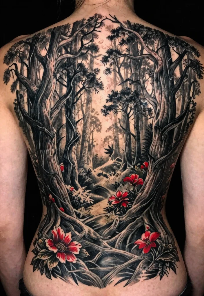 16 Red and Black Back Tattoo Ideas Dramatic and Powerful 7. Enchanted Forest 0