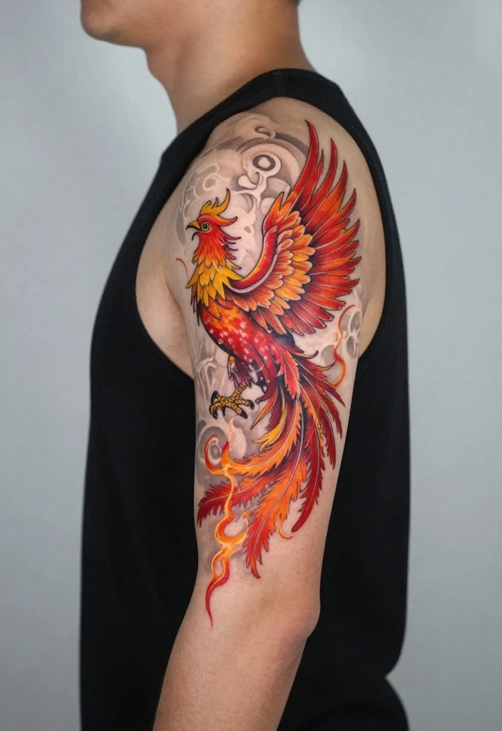 16 Tattoo Design Ideas for Men Detailed and Bold 11. Dynamic Phoenix Rising 0