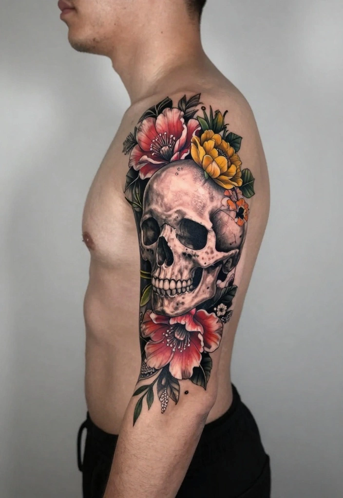 16 Tattoo Design Ideas for Men Detailed and Bold 7. Artistic Skull with Floral Surround 0