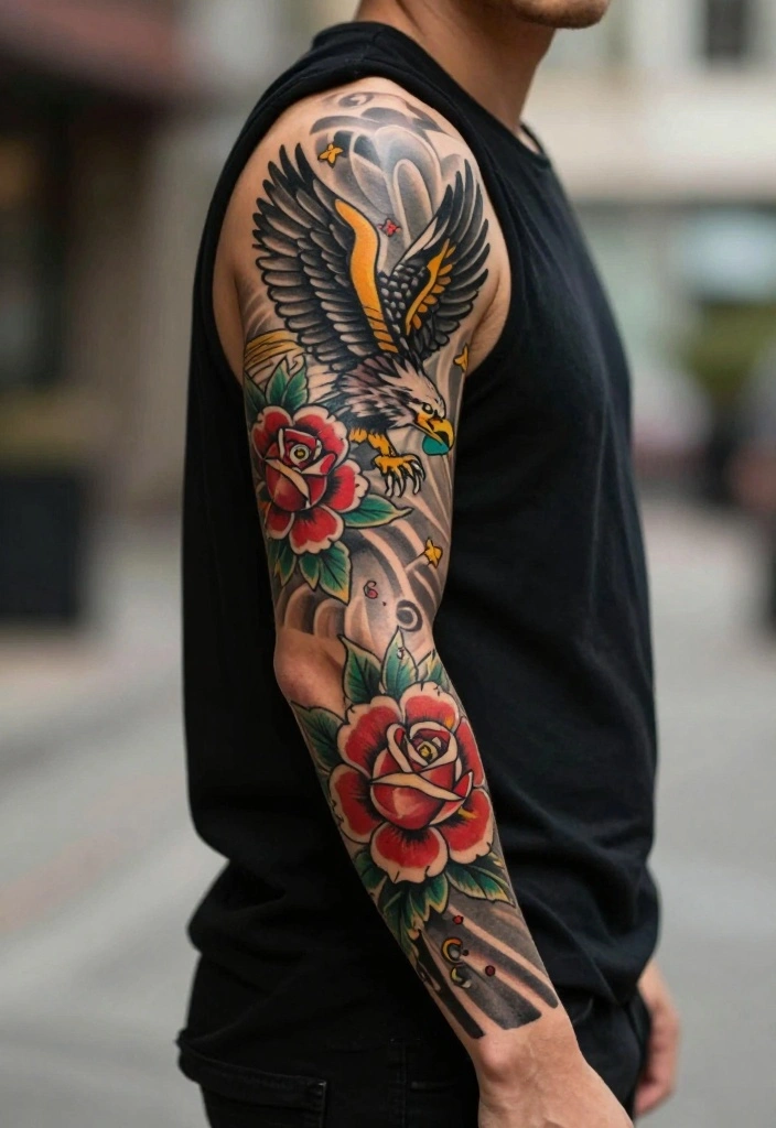 18 Arm Sleeve Tattoo Ideas for Men Strong and Cohesive 10. Vintage Americana 0