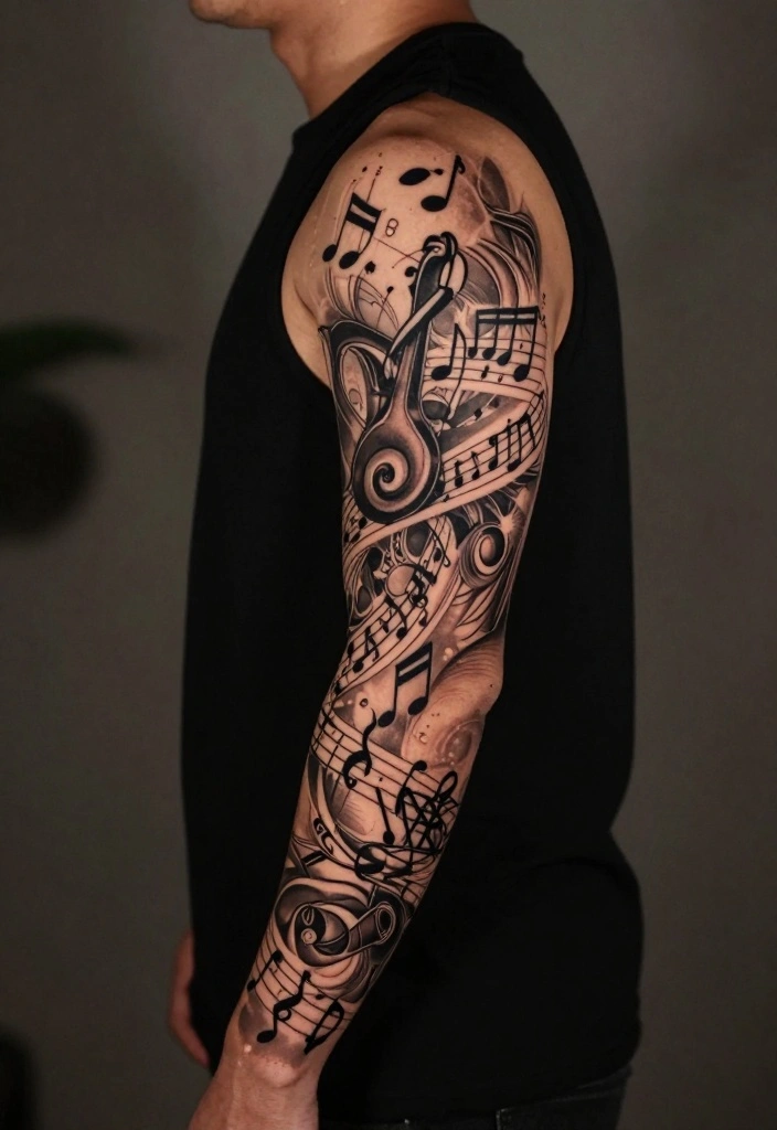 18 Arm Sleeve Tattoo Ideas for Men Strong and Cohesive 13. Music Inspired Tattoos 0