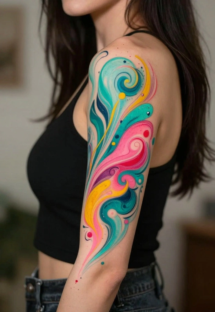 18 Arm Tattoo Ideas for Women Elegant and Expressive 9. Colorful Abstract Designs 0