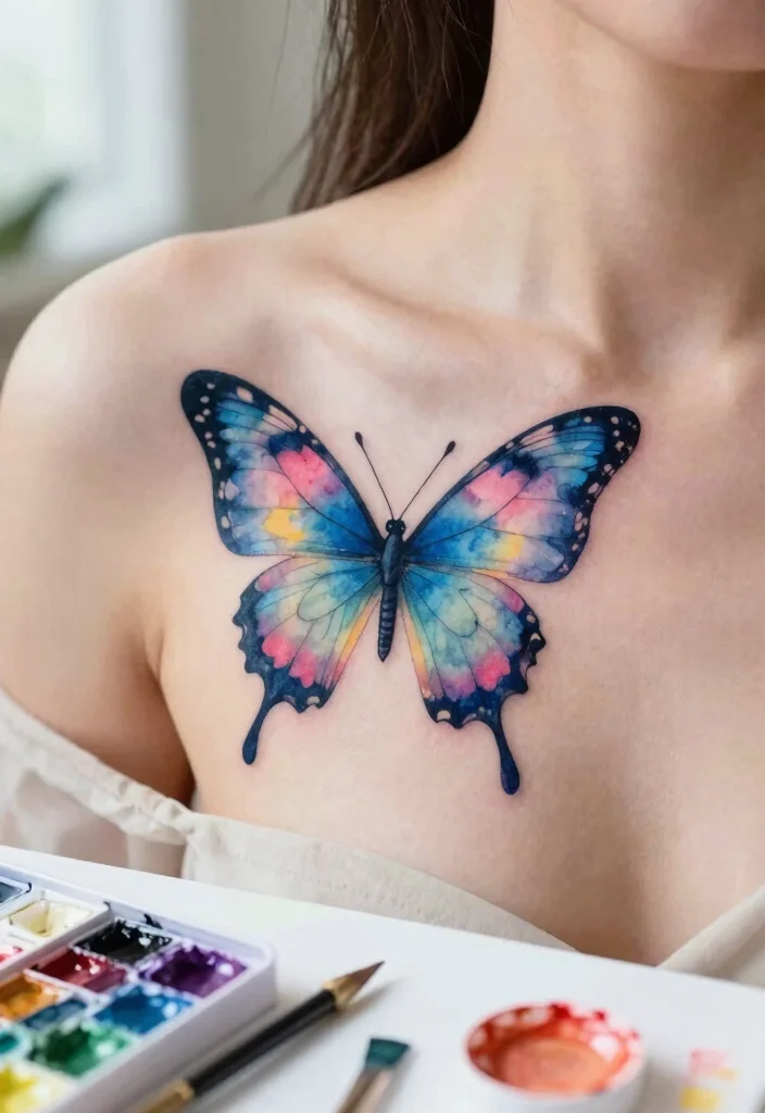 9 Butterfly Tattoo Ideas Between the Breasts Delicate Designs for Feminine Body Art 2. Watercolor Butterfly Tattoo 0