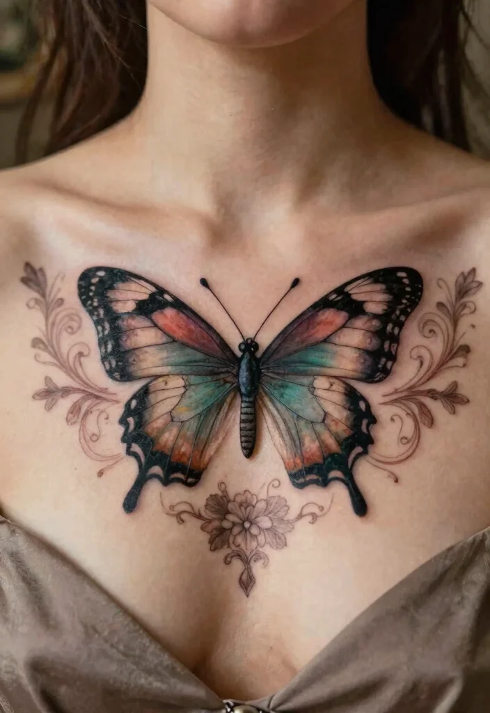 9 Butterfly Tattoo Ideas Between the Breasts Delicate Designs for Feminine Body Art 7. Vintage Butterfly Tattoo 0