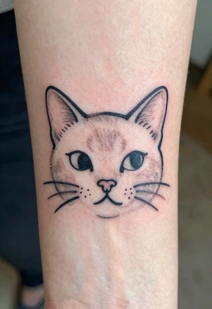 9 Mini Cat Tattoo Ideas Cute and Compact 1. Whimsical Cat Face 0
