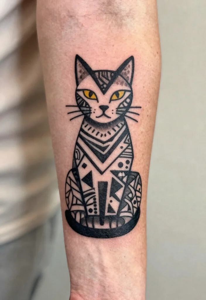 9 Mini Cat Tattoo Ideas Cute and Compact 3. Geometric Cat Design 0