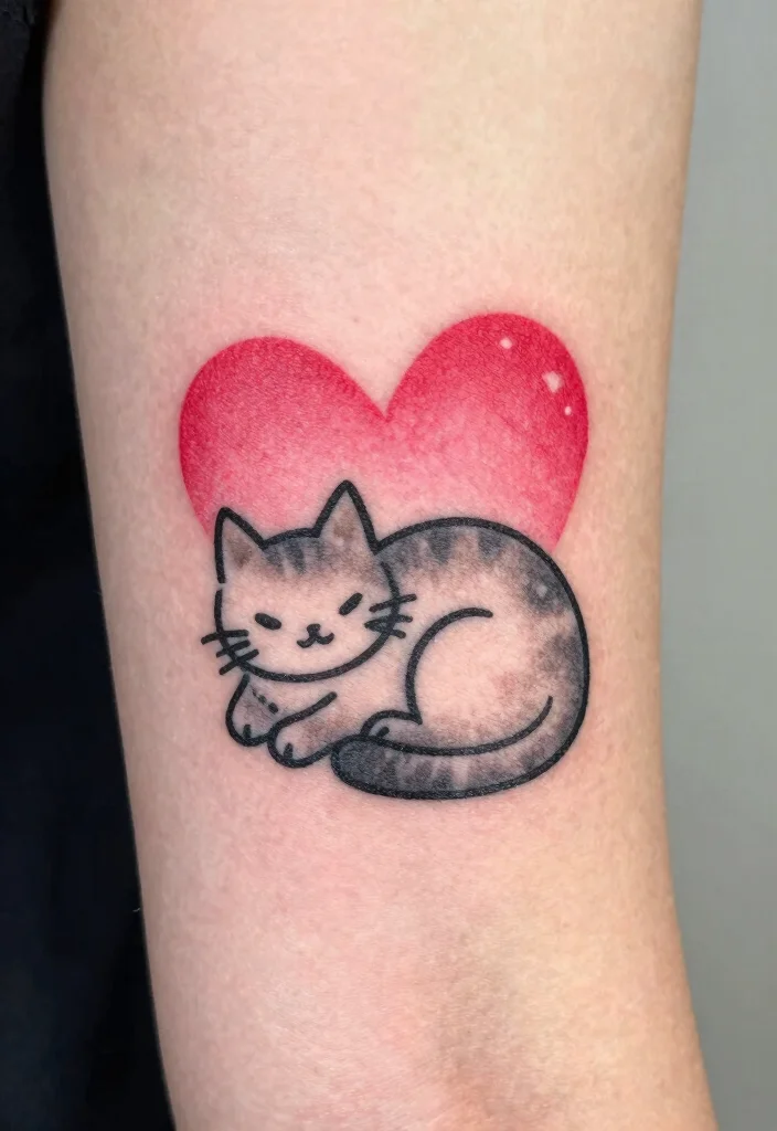 9 Mini Cat Tattoo Ideas Cute and Compact 5. Cat with a Heart 0