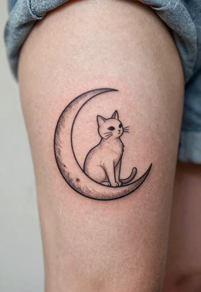 9 Mini Cat Tattoo Ideas Cute and Compact 6. Cat on a Crescent Moon 0