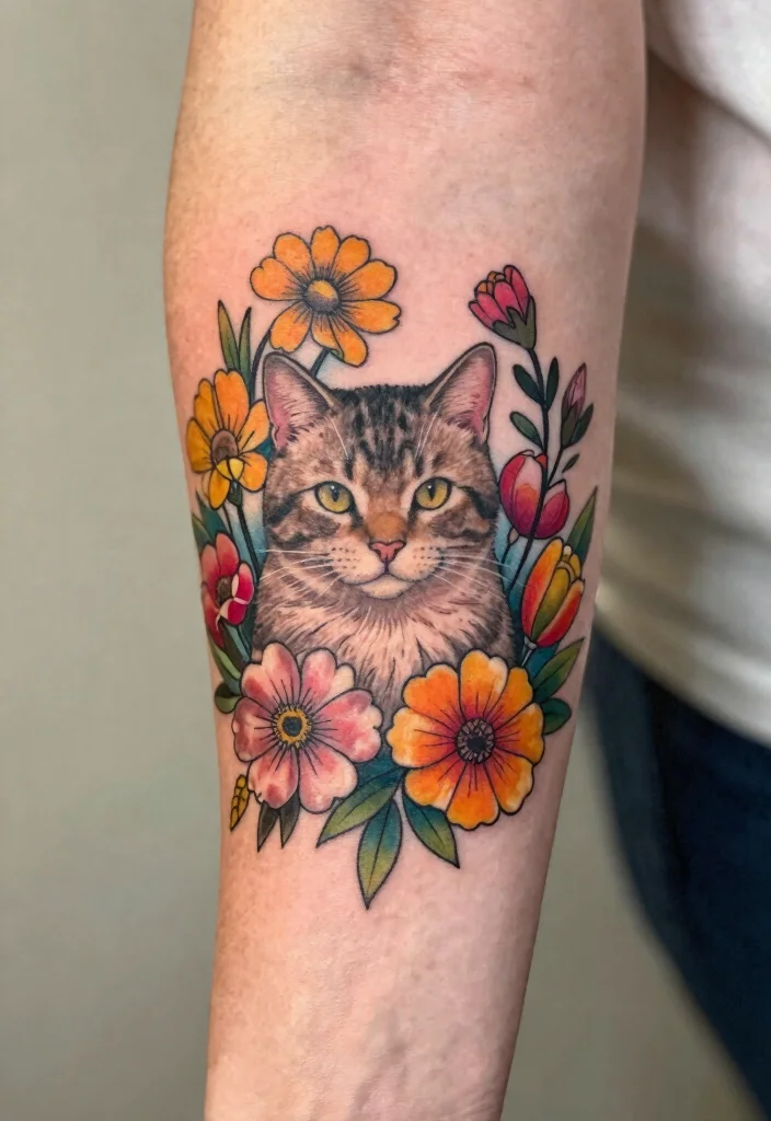 9 Mini Cat Tattoo Ideas Cute and Compact 7. Cat and Flowers 0